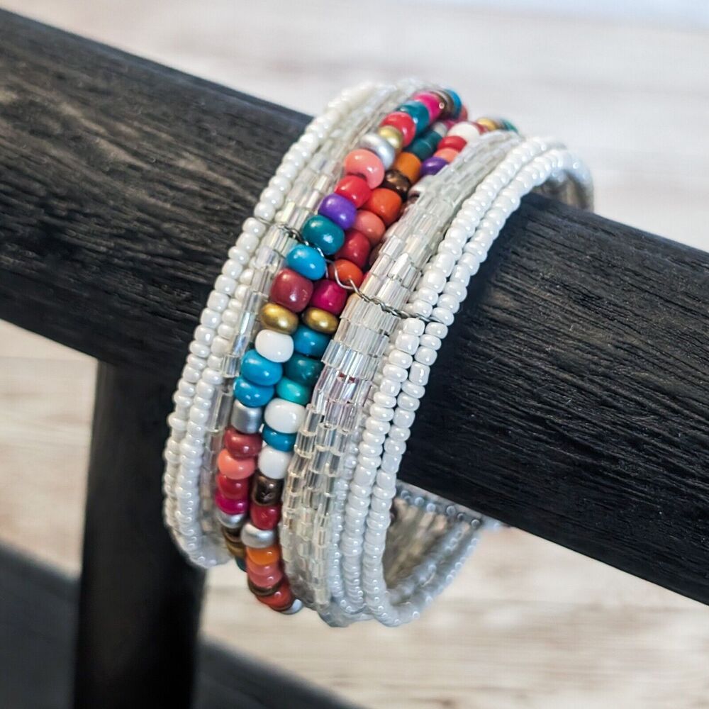 Vintage Beaded Bracelet / Cuff - Beaded Wrap Bracelet Multi Colored & White
